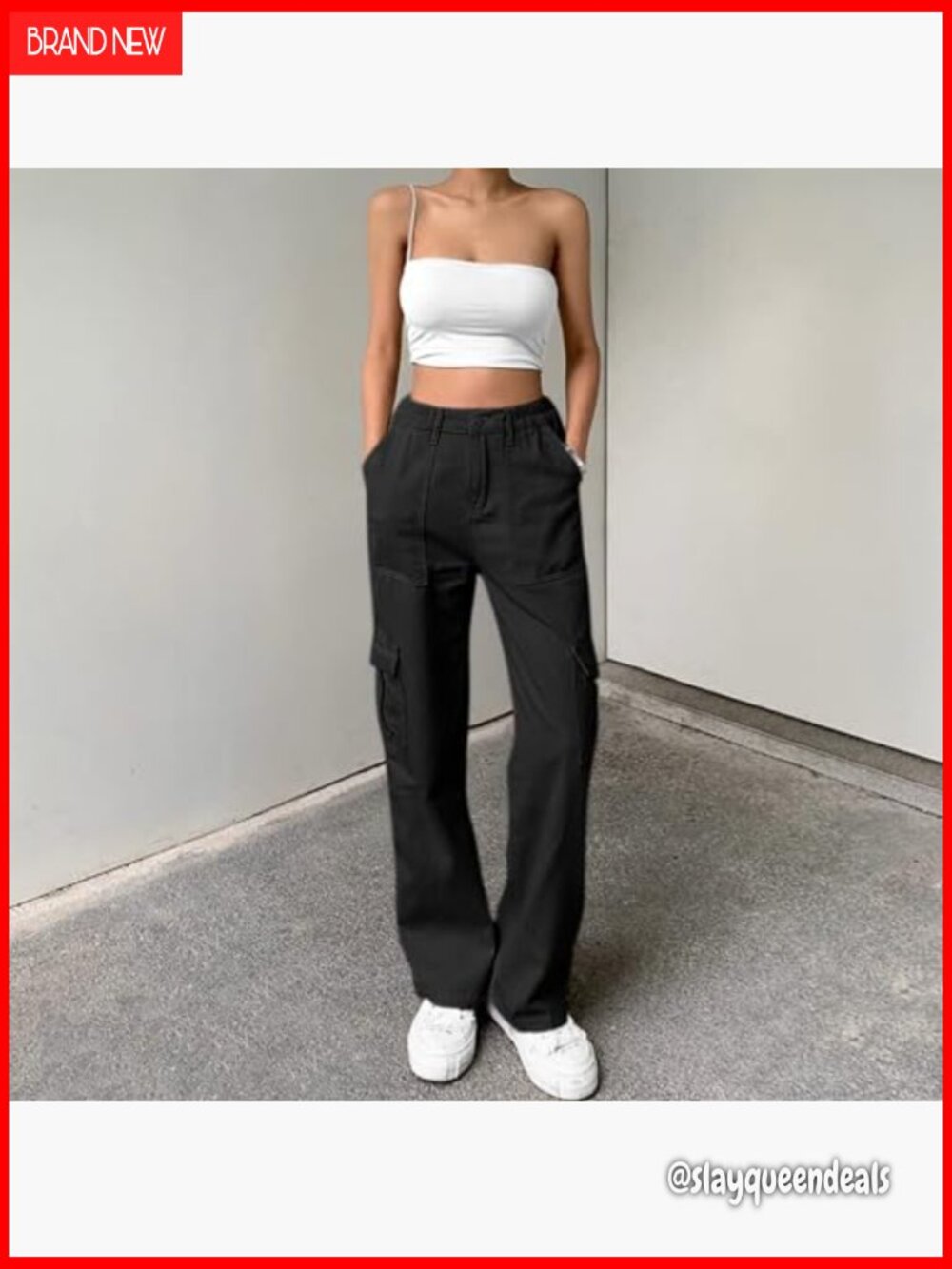 High Waisted Cargo Pants with 6 Pockets Baggy Wide Leg Streetwear - Picture 2 of 6